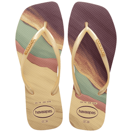 purple, yellow buttercream, teal, and mauve marble patterned flip flops with yellow buttercream straps and gold havaianas logo, top view