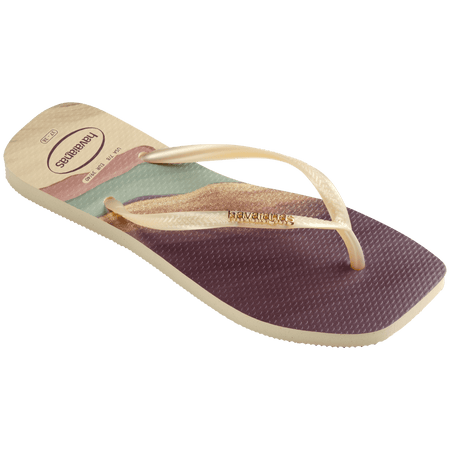 purple, yellow buttercream, teal, and mauve marble patterned flip flops with yellow buttercream straps and gold havaianas logo, front right side angle