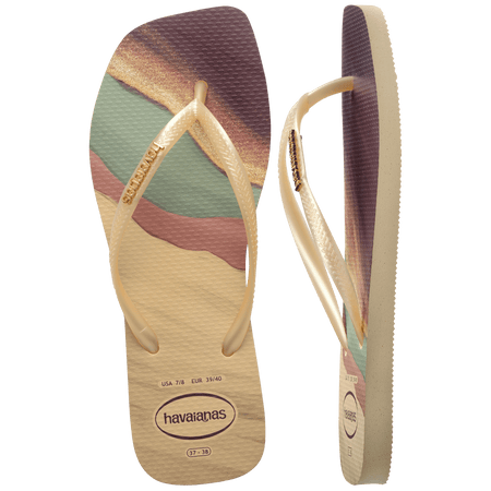 purple, yellow buttercream, teal, and mauve marble patterned flip flops with yellow buttercream straps and gold havaianas logo, one shoe top view one shoe side view