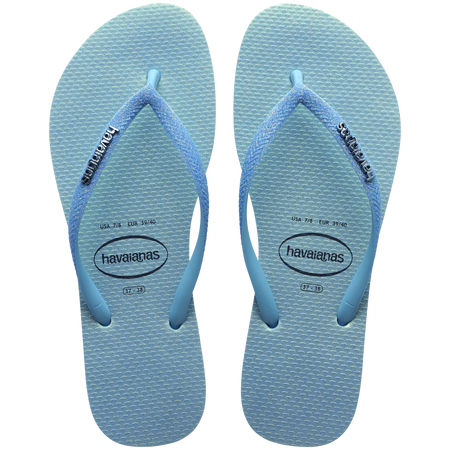 Kids' iridescent blue flip flops with glitter straps top view