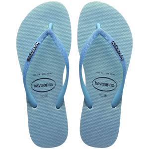 Kids' iridescent blue flip flops with glitter straps top view