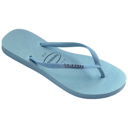 Kids' iridescent blue flip flops with glitter straps 3/4 side view