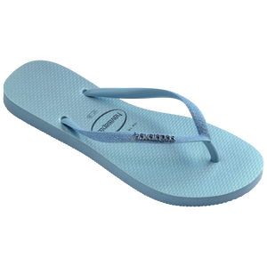 Kids' iridescent blue flip flops with glitter straps 3/4 side view