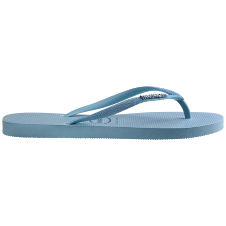 Kids' iridescent blue flip flops with glitter straps side view