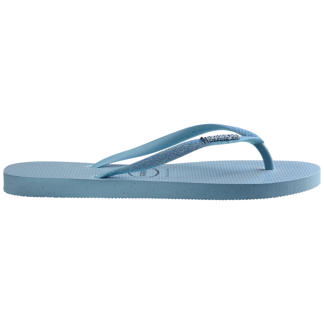 Kids' iridescent blue flip flops with glitter straps side view