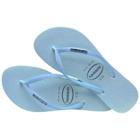 Kids' iridescent blue flip flops with glitter straps alternate top view