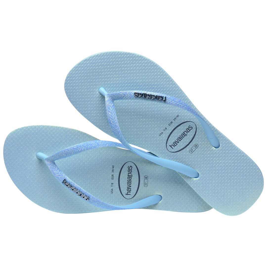 Kids' iridescent blue flip flops with glitter straps alternate top view