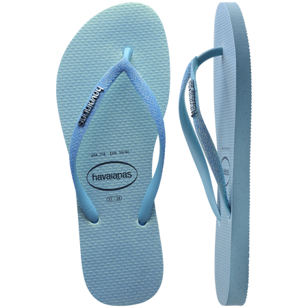 Kids' iridescent blue flip flops with glitter straps top and side view