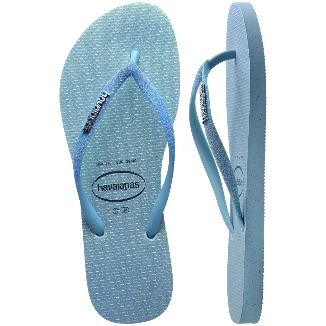 Kids' iridescent blue flip flops with glitter straps top and side view