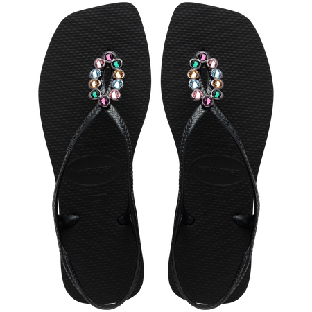 Women's black sandal featuring oval with multicolor crystal details top view