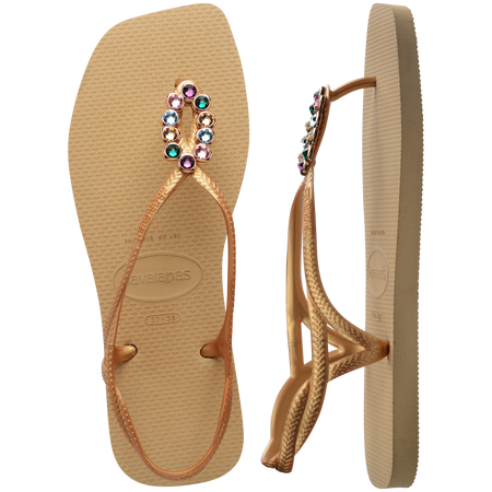 Women's tan sandal with oval multicolor crystal decoration and gold straps, top and side view