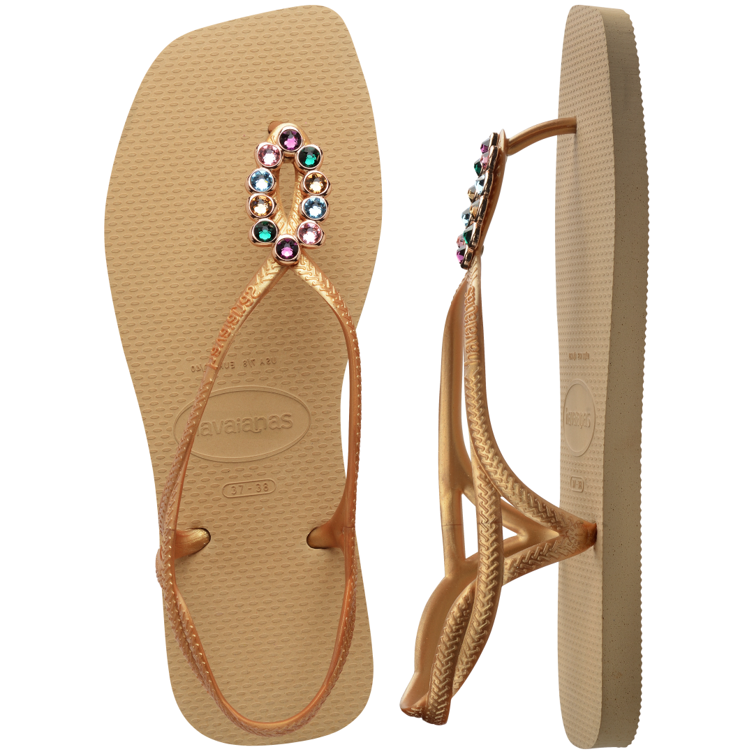 Women's tan sandal with oval multicolor crystal decoration and gold straps, top and side view