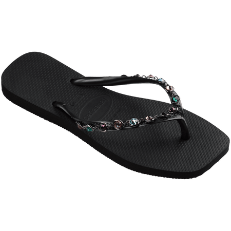 Women's square toe black flip flop with multicolor gems on straps right 3/4 view