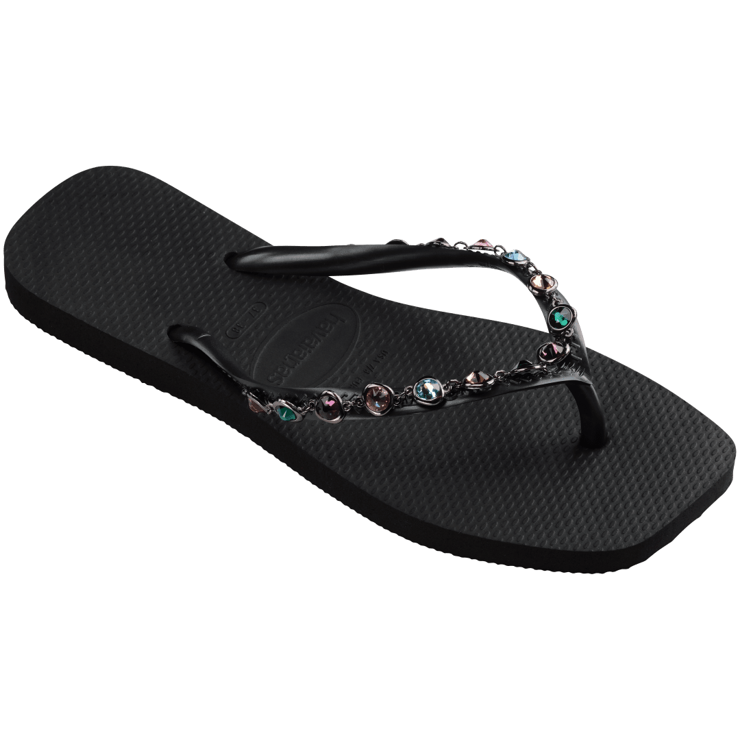 Women's square toe black flip flop with multicolor gems on straps right 3/4 view