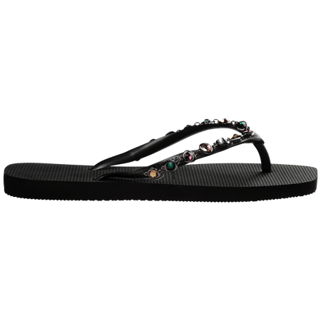 Women's square toe black flip flop with multicolor gems on straps side view