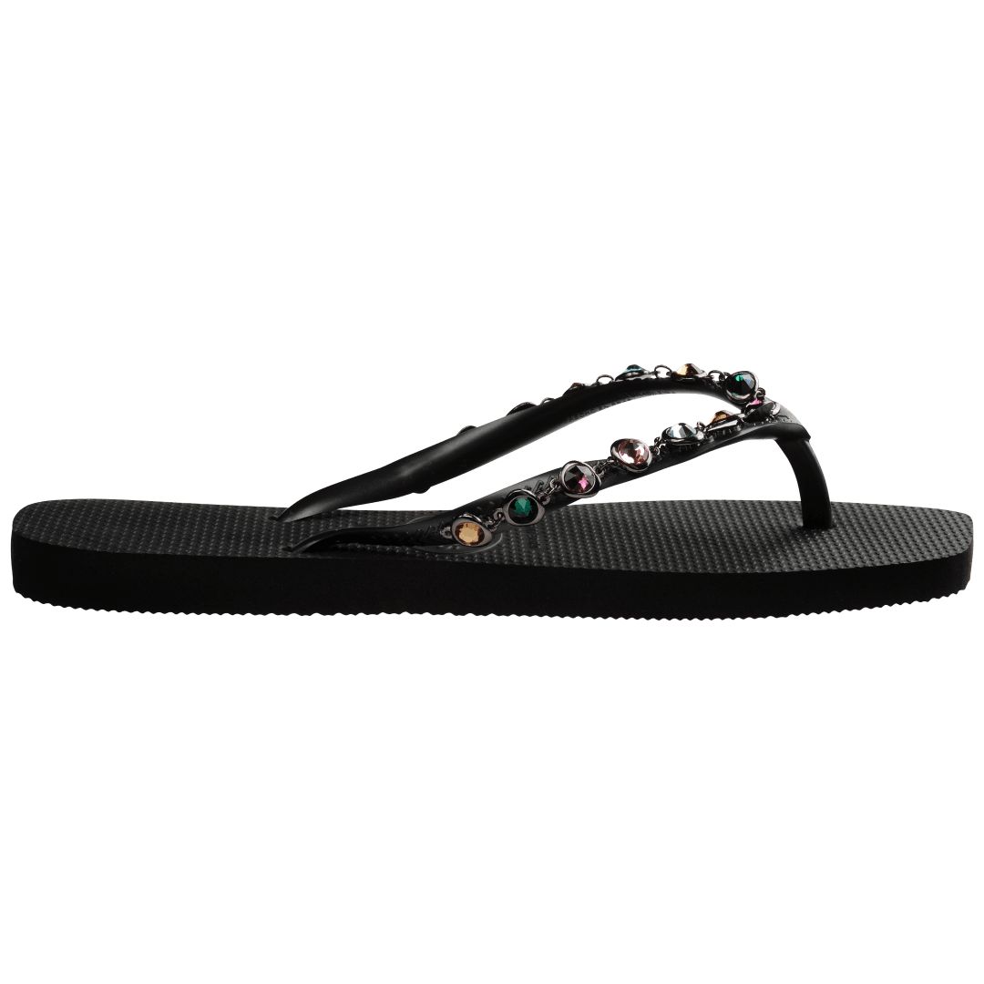 Women's square toe black flip flop with multicolor gems on straps side view