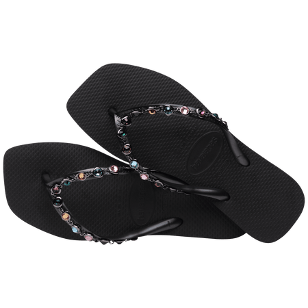 Women's square toe black flip flop with multicolor gems on straps alternate top view