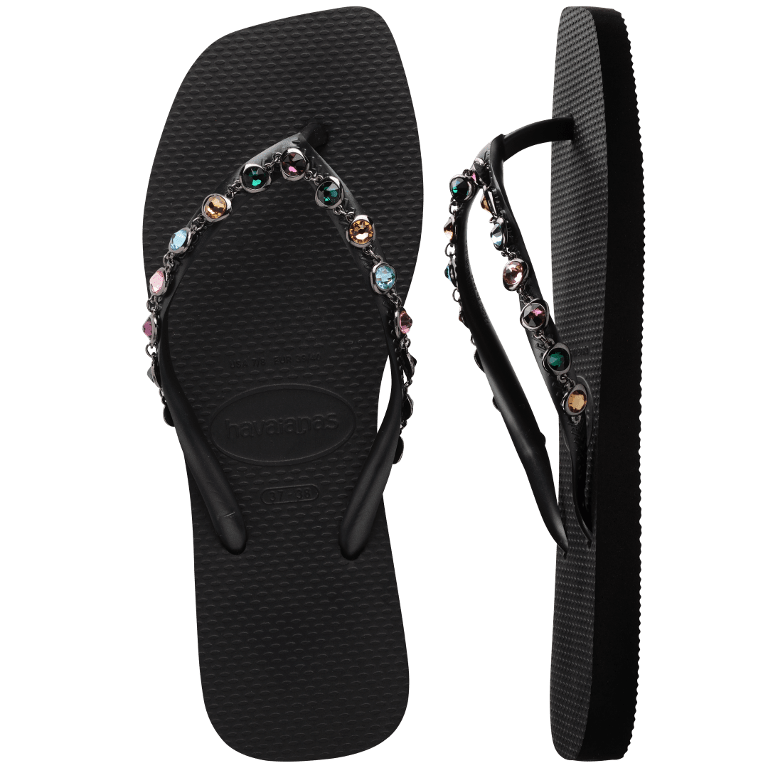 Women's square toe black flip flop with multicolor gems on straps top and side view