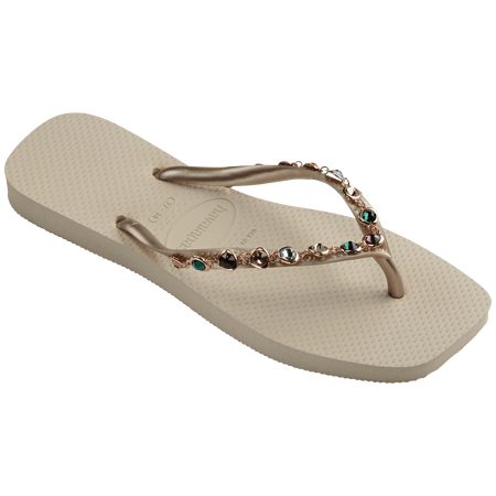 Women's square toe cream flip flops and gold straps with multicolor crystals, right 3/4 side view