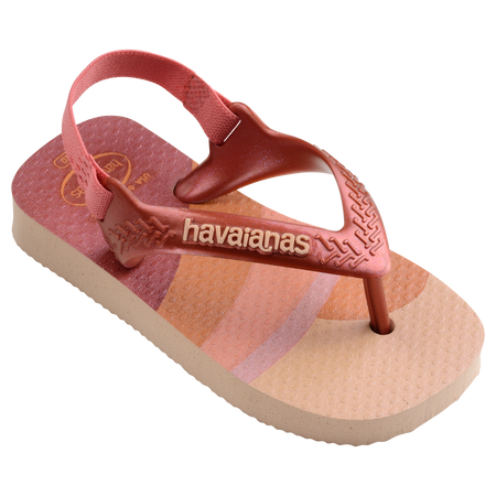 Baby flip flops with backstrap, abstract pink, beige and orange print with metallic pink straps, front right view