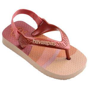 Baby flip flops with backstrap, abstract pink, beige and orange print with metallic pink straps, front right view