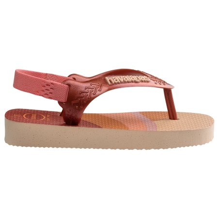 Baby flip flops with backstrap, abstract pink, beige and orange print with metallic pink straps, side view