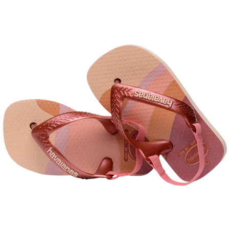 Baby flip flops with backstrap, abstract pink, beige and orange print with metallic pink straps, front view