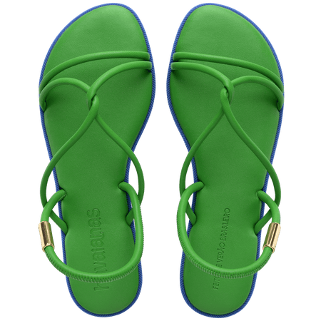 Green strappy sandal with blue sole top view