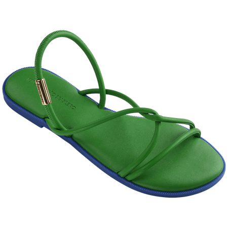 Green strappy sandal with blue sole 3/4 right view