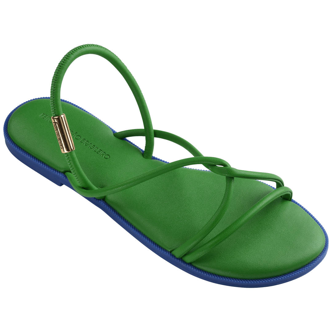 Green strappy sandal with blue sole 3/4 right view