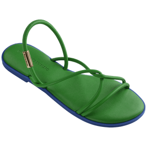 Green strappy sandal with blue sole 3/4 right view