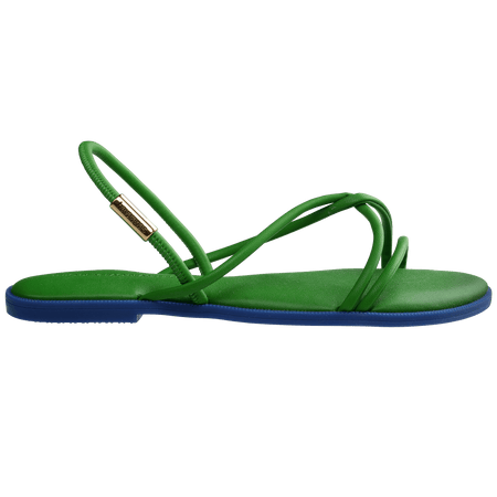 Green strappy sandal with blue sole side view