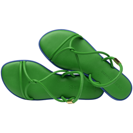 Green strappy sandal with blue sole top view alternate