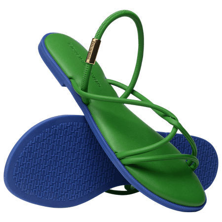 Green strappy sandal with blue sole and 3/4 view