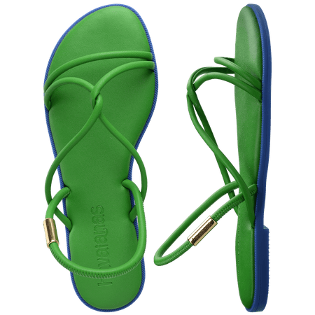 Green strappy sandal with blue sole top view and side view