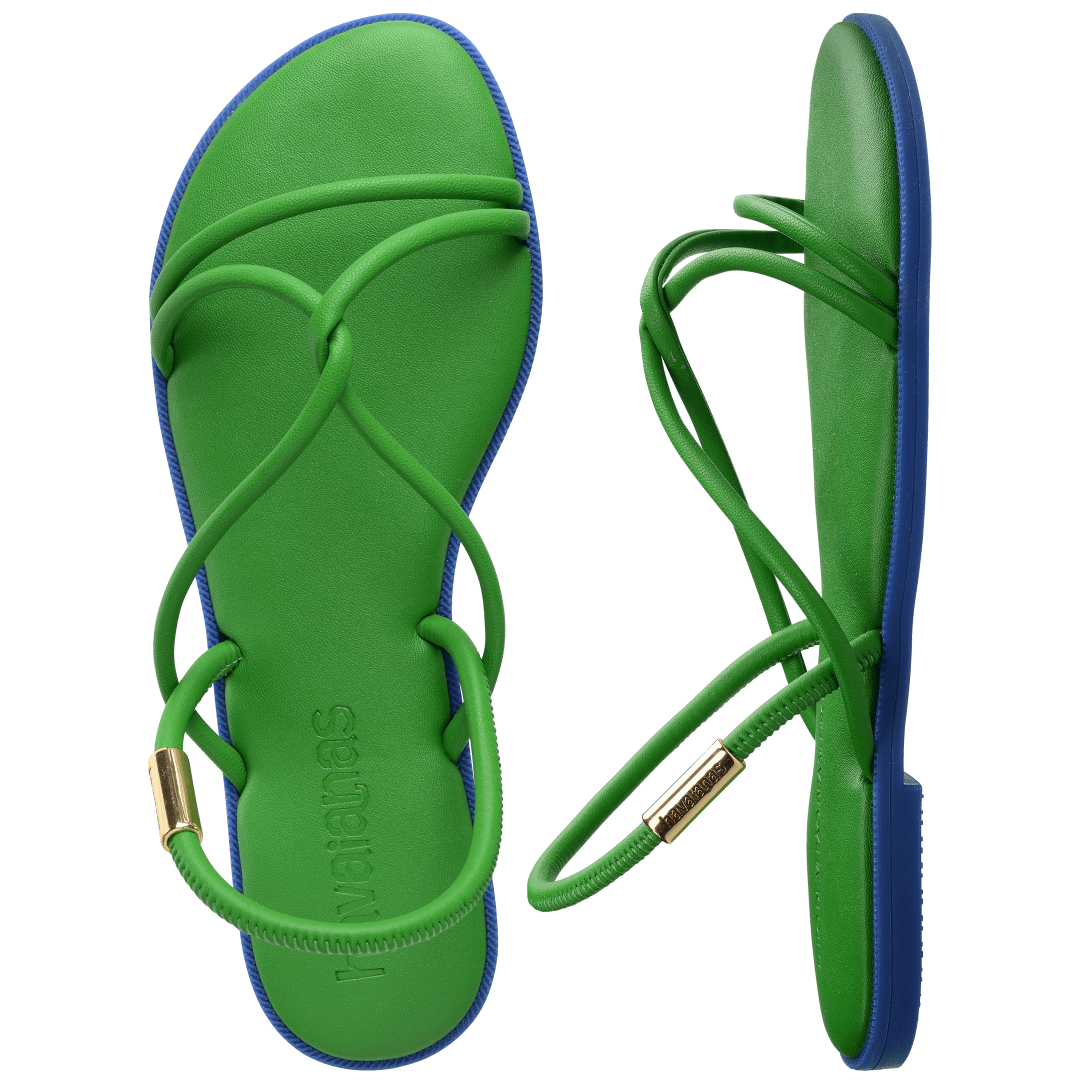 Green strappy sandal with blue sole top view and side view