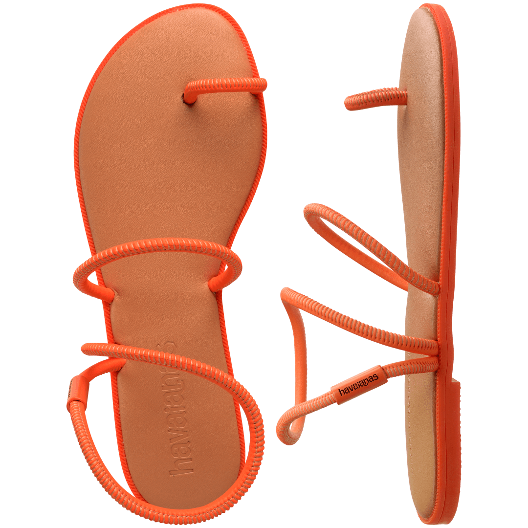 Women's orange strappy sandal top and side view