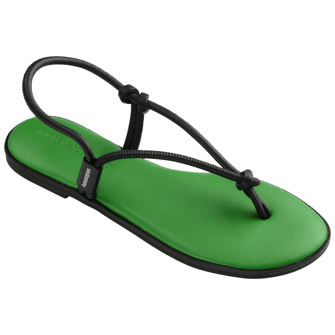 Women's green sole sandal with black straps right 3/4 view