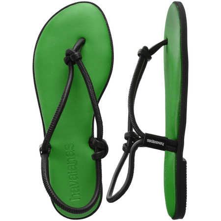 Women's green sole sandal with black straps top and side view