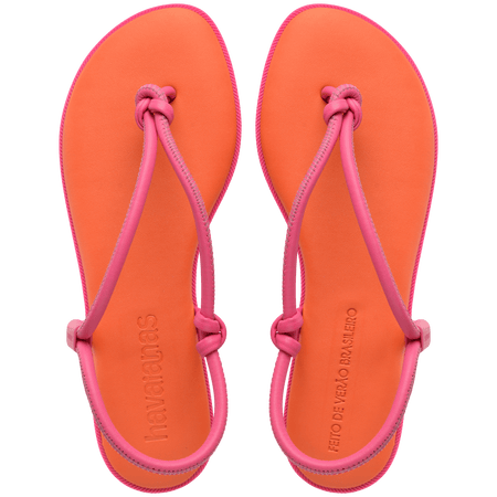 Women's orange sandal with contrast pink straps top view