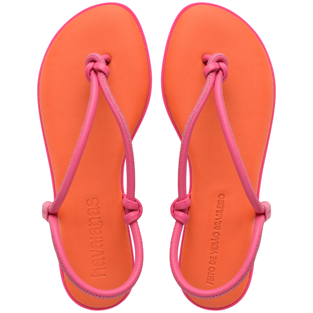 Women's orange sandal with contrast pink straps top view