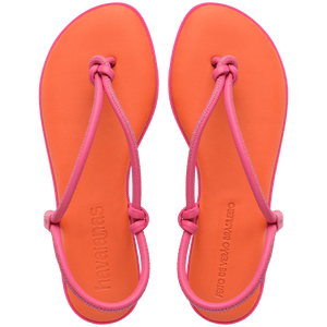 Women's orange sandal with contrast pink straps top view