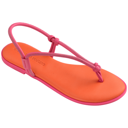 Women's orange sandal with contrast pink straps and sole 3/4 side view