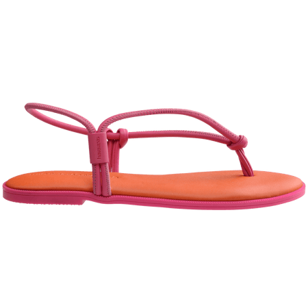 Women's orange sandal with contrast pink straps and sole side view