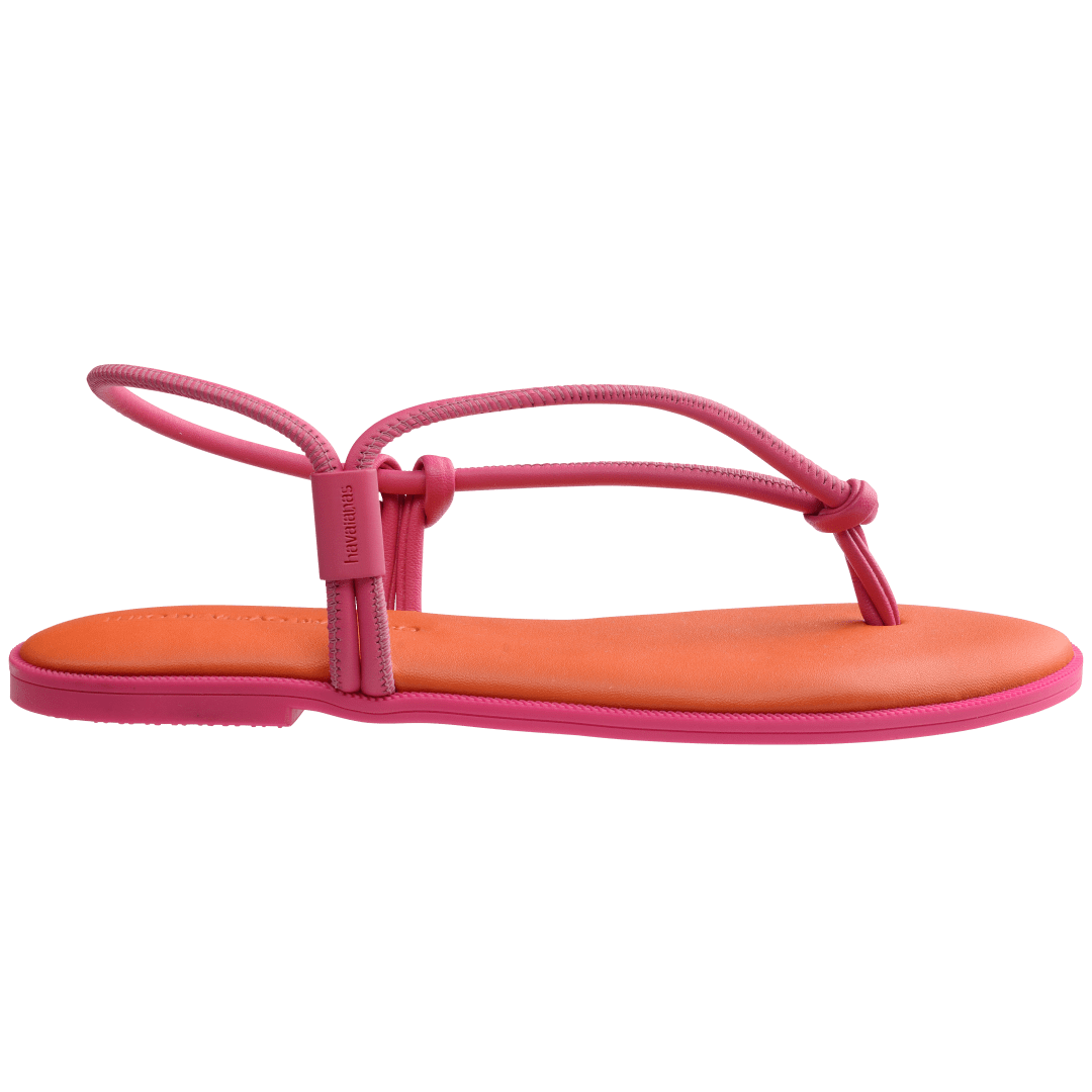 Women's orange sandal with contrast pink straps and sole side view