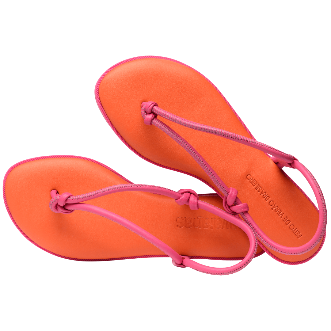 Women's orange sandal with contrast pink straps and sole alternate top view