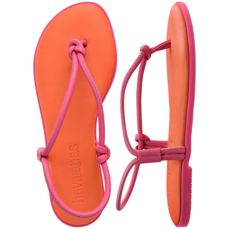 Women's orange sandal with contrast pink straps and sole side and top view