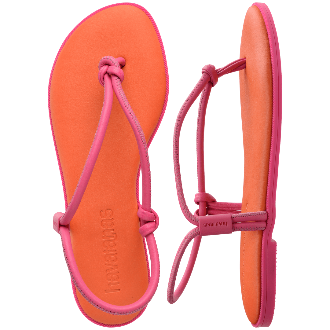 Women's orange sandal with contrast pink straps and sole side and top view