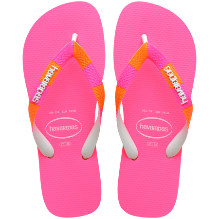 Women's neon pink flip flop with orange and pink striped straps top view