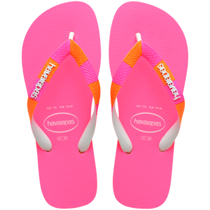 Women's neon pink flip flop with orange and pink striped straps top view